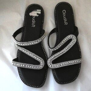 New CloudAir Sandals Flats Black W/ Bling Faux Pearls & Rhinestones Sz 10